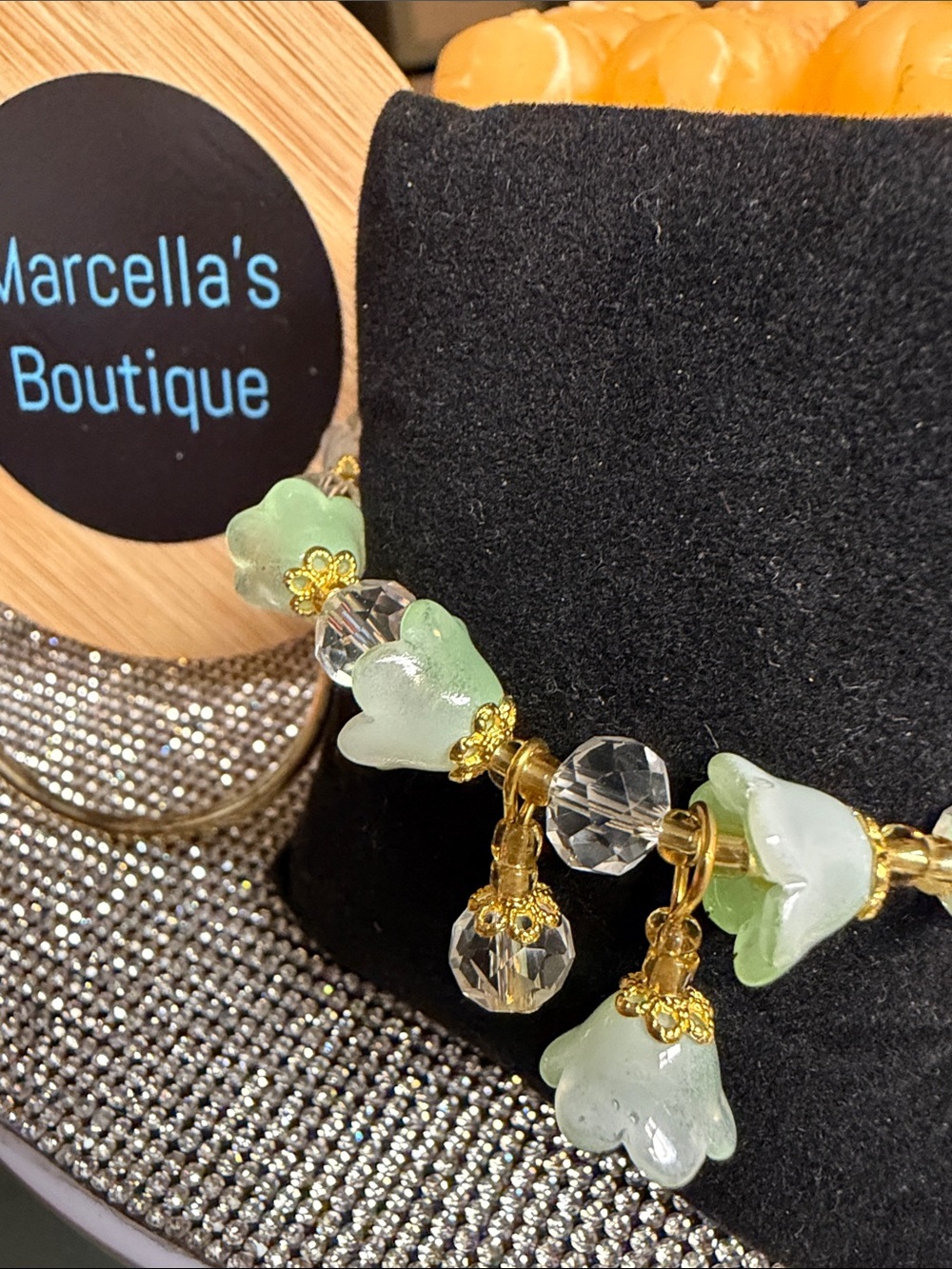 Green Glass Flower Charm Bracelet